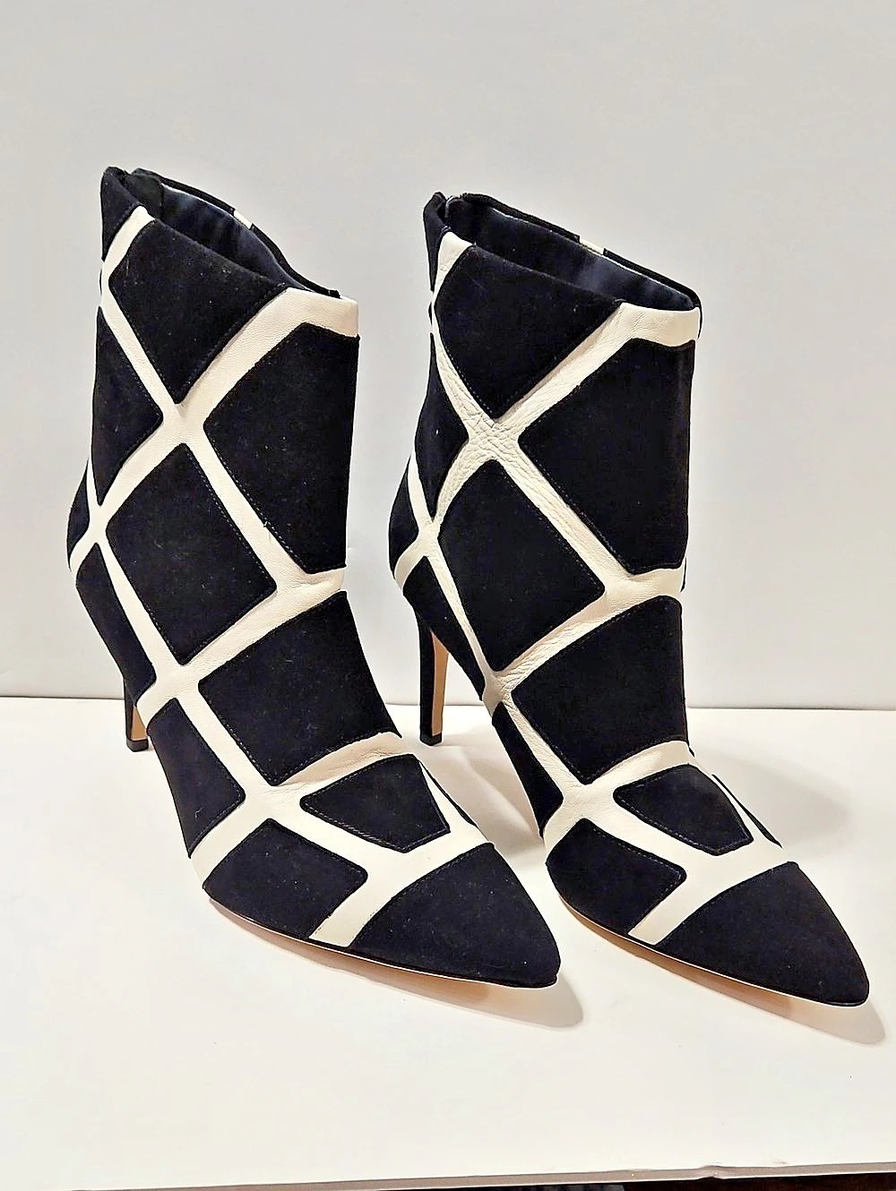 Via Spiga Francesca Geometric Pointed-Toe Heeled Boots in Black & White